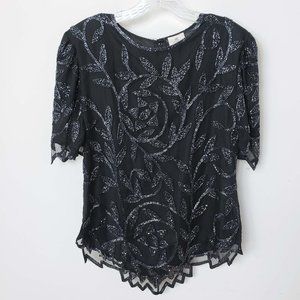 Women's Black Silk Lace Beaded Lined Scoop Neck Formal Shirt Top Blouse